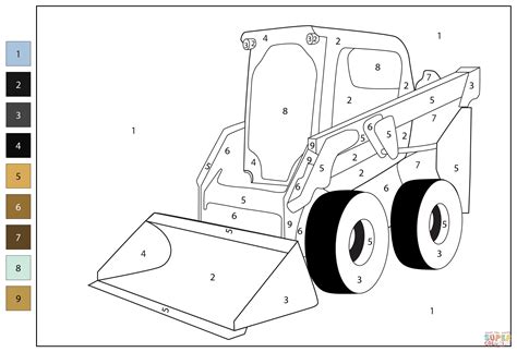 skid steer coloring page with auger|Skid Steer Color by Number coloring page.